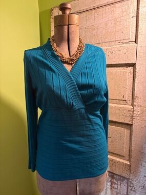 Style & Co. Teal Ribbed Cross-Front Long Sleeve Dress Top